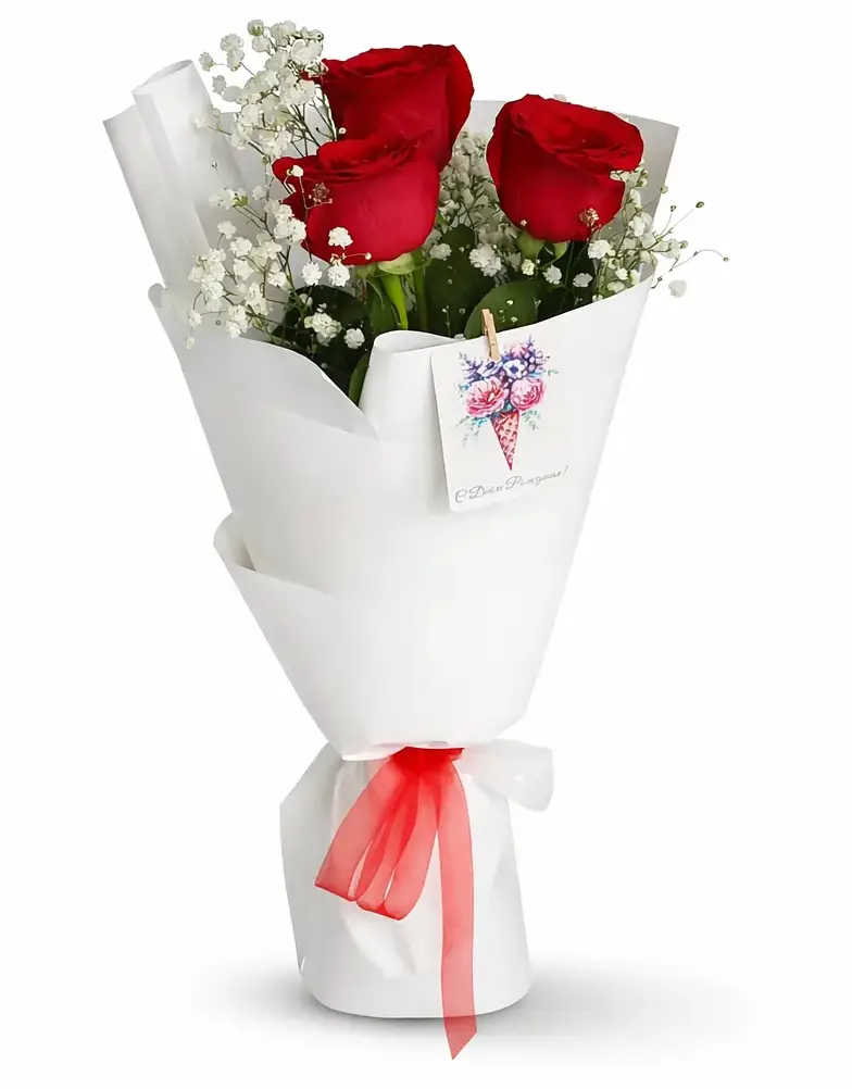 Букет из 3 красных роз с гипсофилой